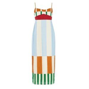 Cala de la Cruz Paloma Linen Midi Dress Rainbow Colorful Stripe Bengal Azul M